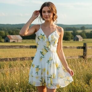 Japna Lemon Fruit Print Chiffon Ruffle Summer Dress Sundress Size Medium